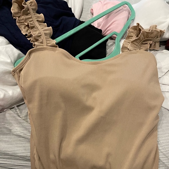 Women's Square Neck Ruffle Strap Stretchy Ribbed Bodysuit with snaps XL NEW - Picture 8 of 14